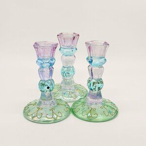Set of 3 Iridescent, Pastel, Jeweled Glass Candle Stick Holders 5”